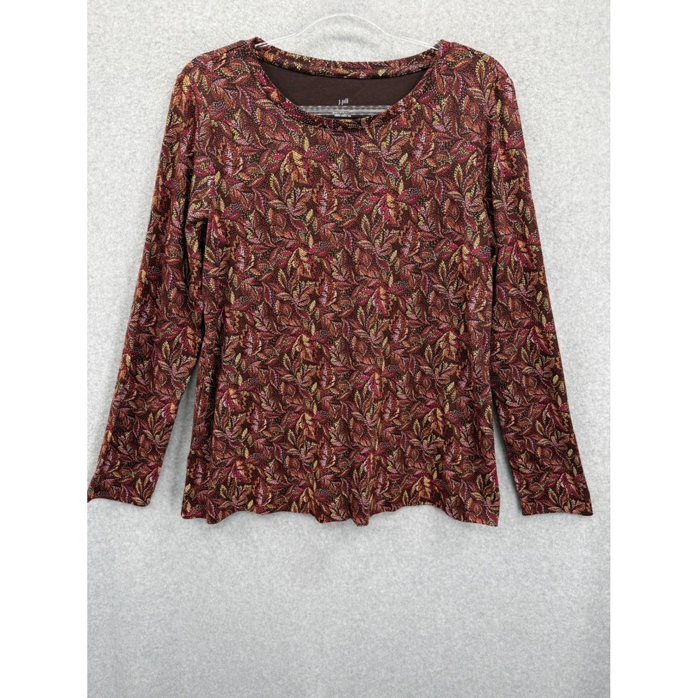 J.Jill Pima Cotton Tee Women Large Brown Leaf Print Long Sleeve Crew Neck Top